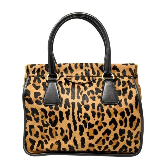 PRADA Vintage Logo Leopard Shoulder Tote Bag Camel Black Calf Hair  [103974] - Picture 7 of 14